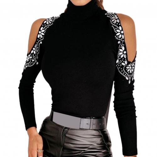 Turtle Neck Cold Shoulder Hot Drill Top