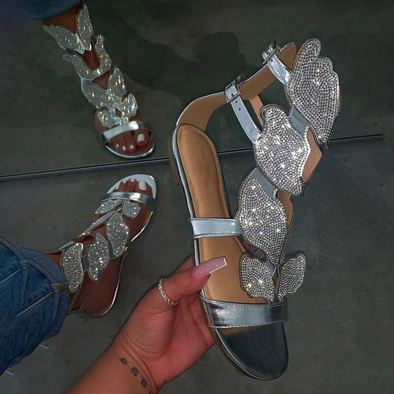 Butterfly Metallic Glitter Rhinestone Open Toe Sandals