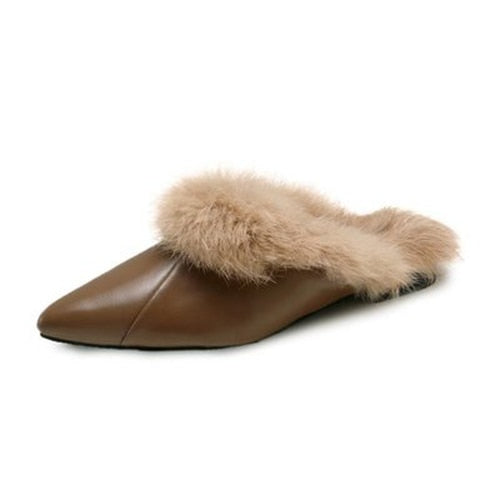 Furry Women's Pointed Toe Flat Slip-On Mules