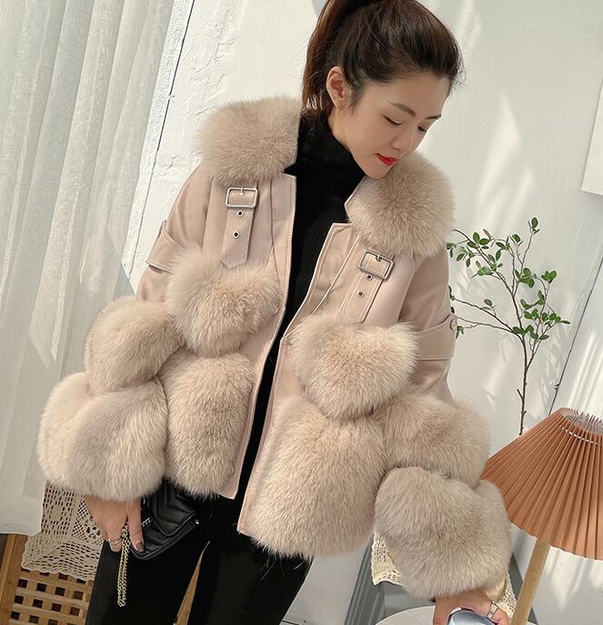 Fox Fur Short Sheepskin w/ Fox Fur Collar Buckle Heart Jacket