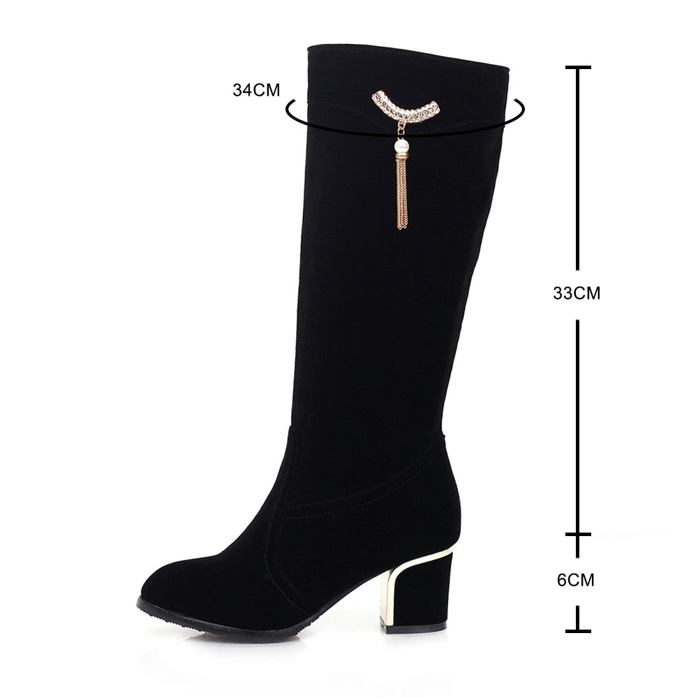 Round Toe PU Leather Knee High Boots w/ Square Heel