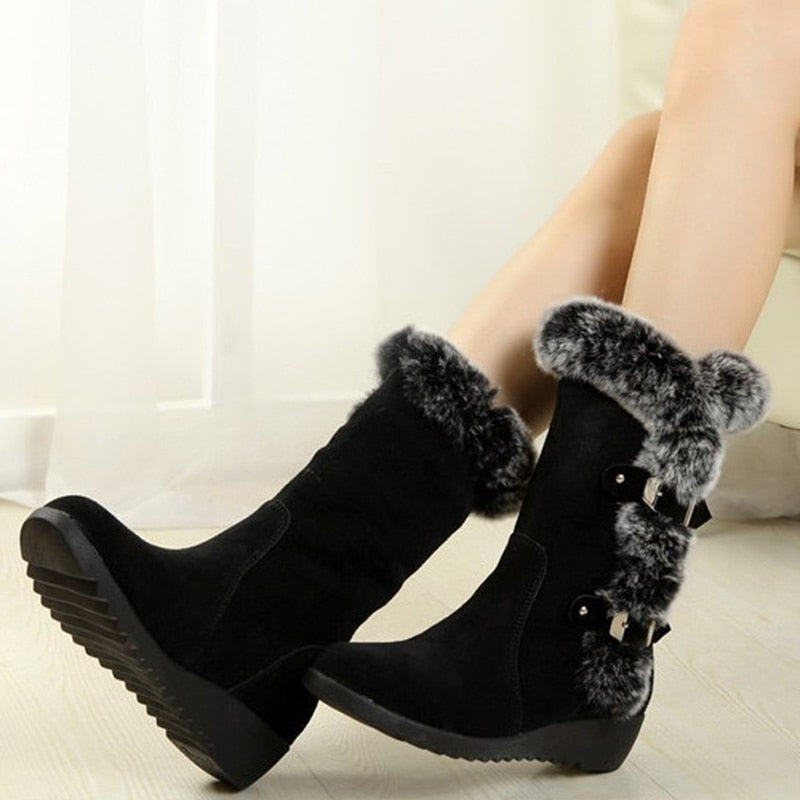 Faux Fur Mid-Calf Round Toe Flat Snowboots