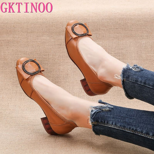 Genuine Leather Square Toe Shallow Round Buckle Flats