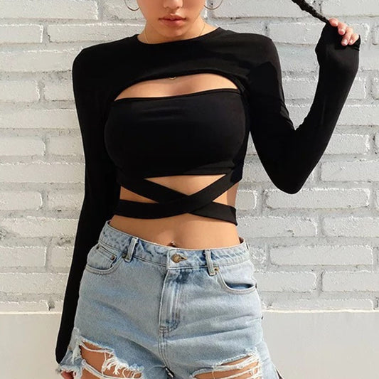 Ladies Black Long Sleeve Crop Criss Crop Top