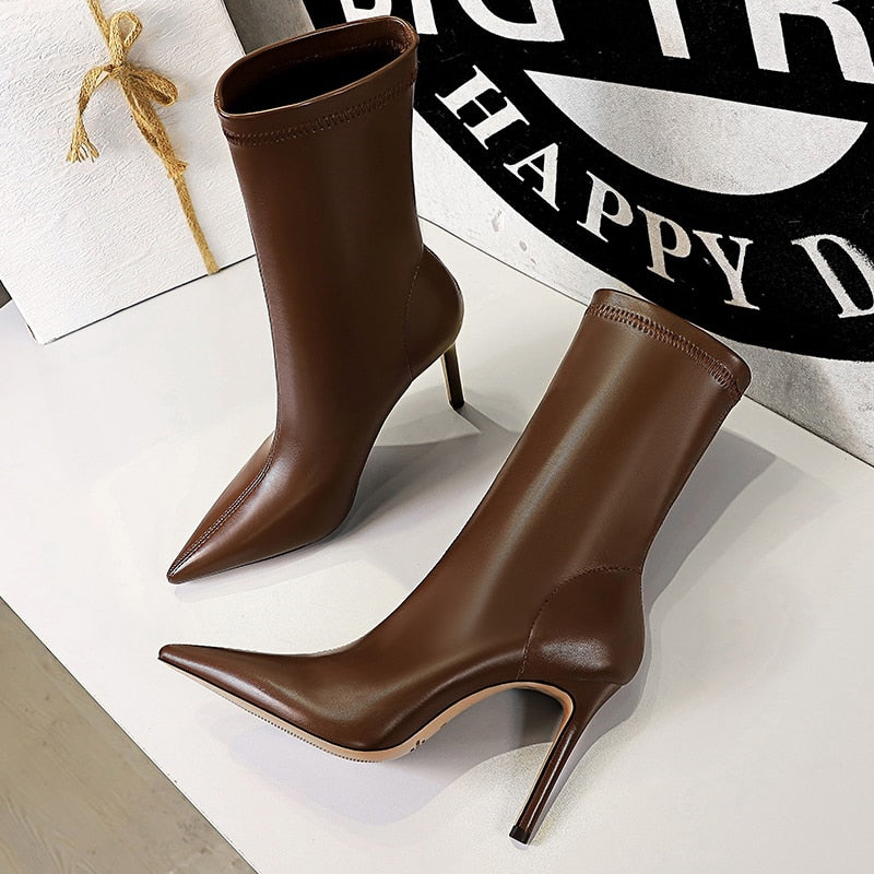 Pointed Toe Stiletto Heel Leather Ankle Boots