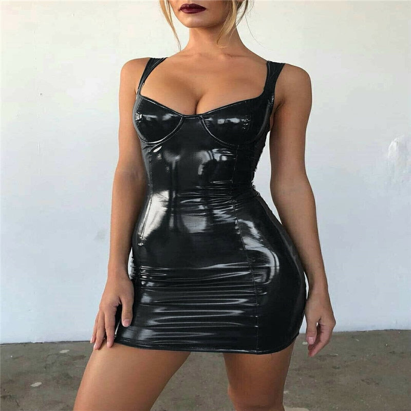 Skinny Faux Leather Camisole Spaghetti Strap Bodycon Mini Club Dress