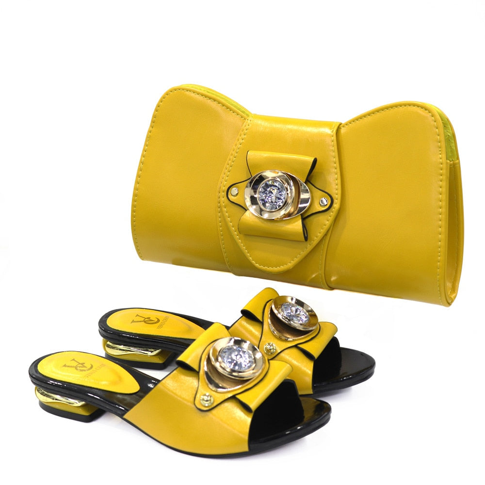 Solid Women's Italian Designer Leather Flat Buckle/Ruched Rhinestone Sandals & Matching Clutch Shoe & Purse Set