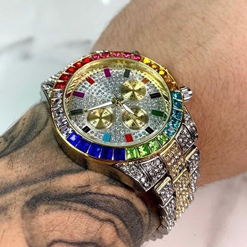 Rainbow Diamond  Iced Out Square Quartz Waterproof Men's Watch