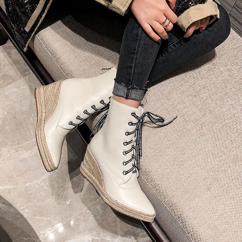 Wedge Heel Lace Up Low Platform Ladies Gladiator Ankle Boots