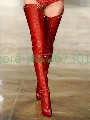 Rivet Red Stiletto Heel Belt Buckle Patent Leather Woman Pointed Toe Thigh High Boots