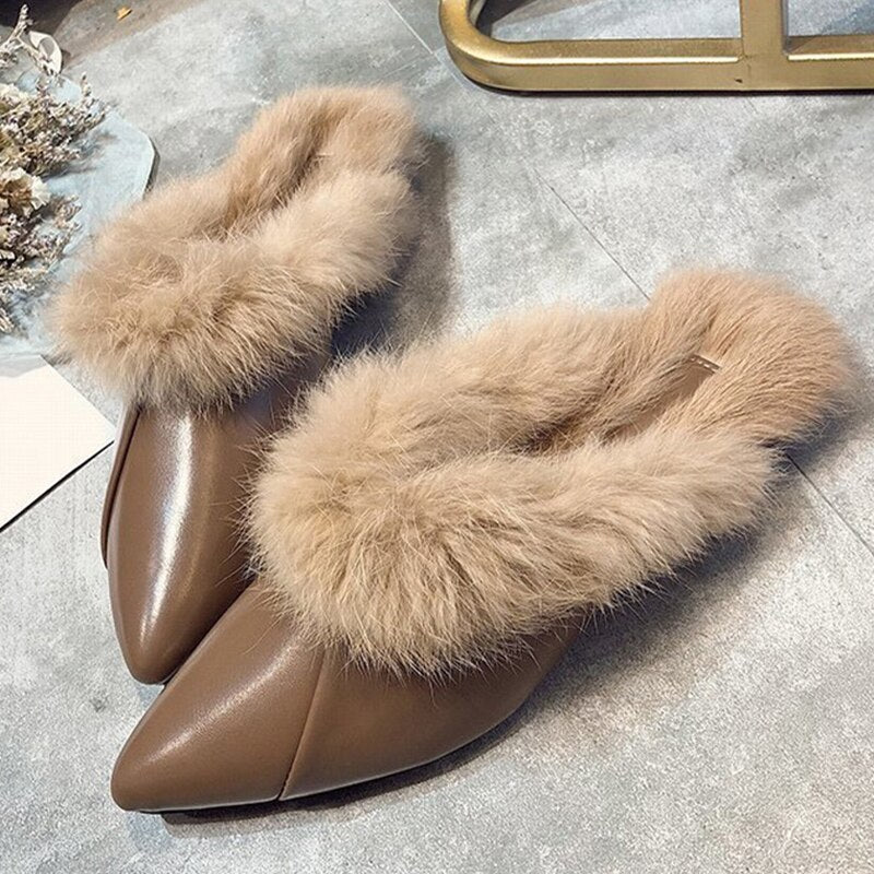 Furry Women's Pointed Toe Flat Slip-On Mules