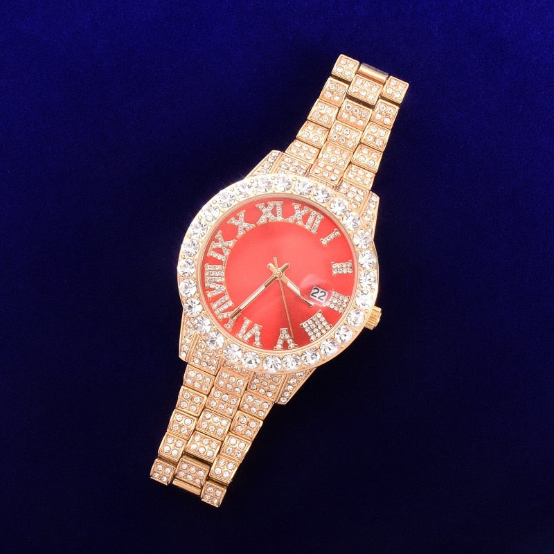 Bubble Letter Red/Blue Big Gold Military Quartz Rhinestone Men's Watch