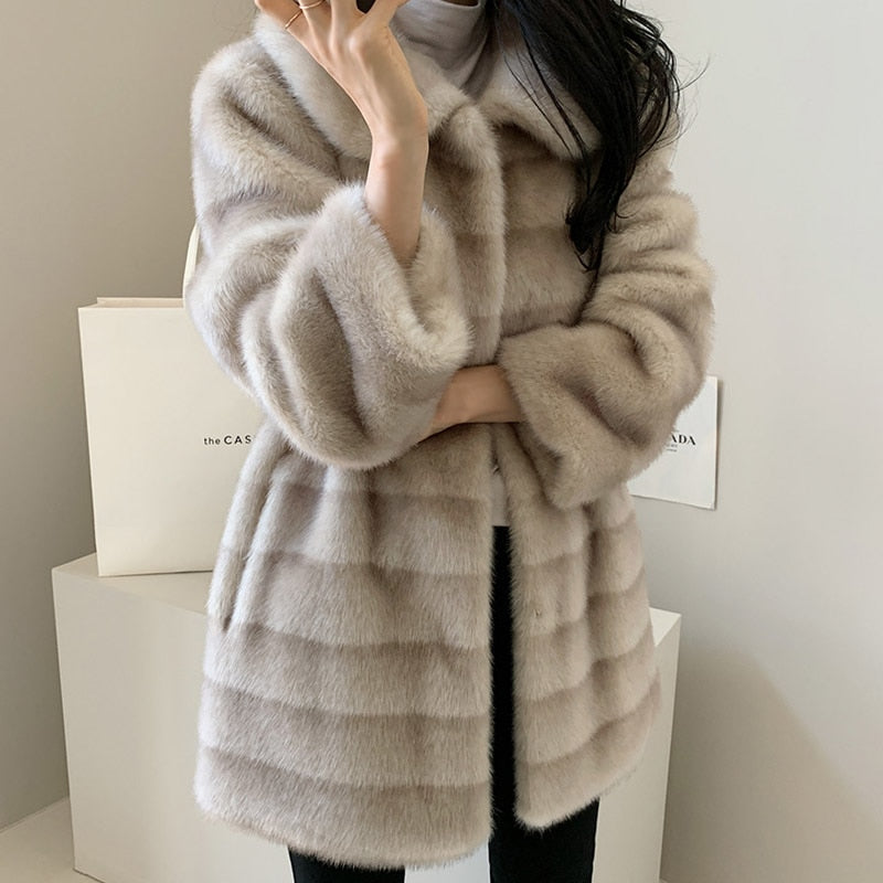 Faux Fur Mink Turn-Down Collar Plush Women's Jacket