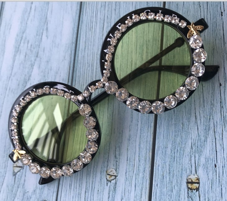 Women's Crystal Diamond Handmade Round UV400 Mirror Lens Flower Sunglasses