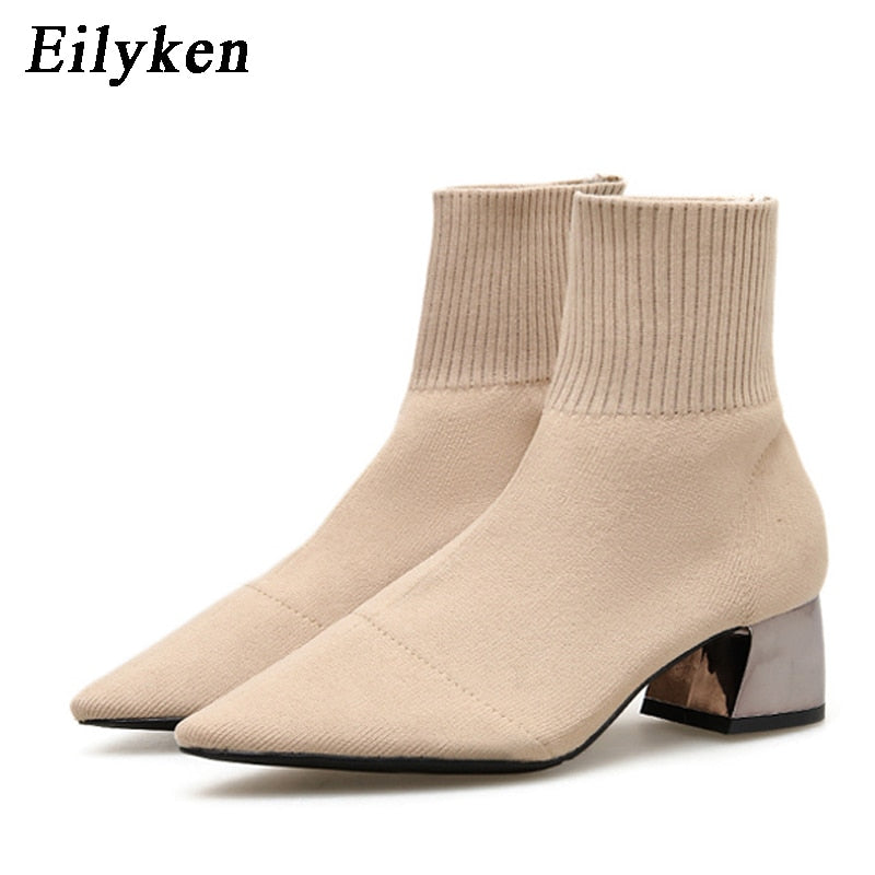 Knitted Stretch Low Heel Pointed Toe Ankle Boots4