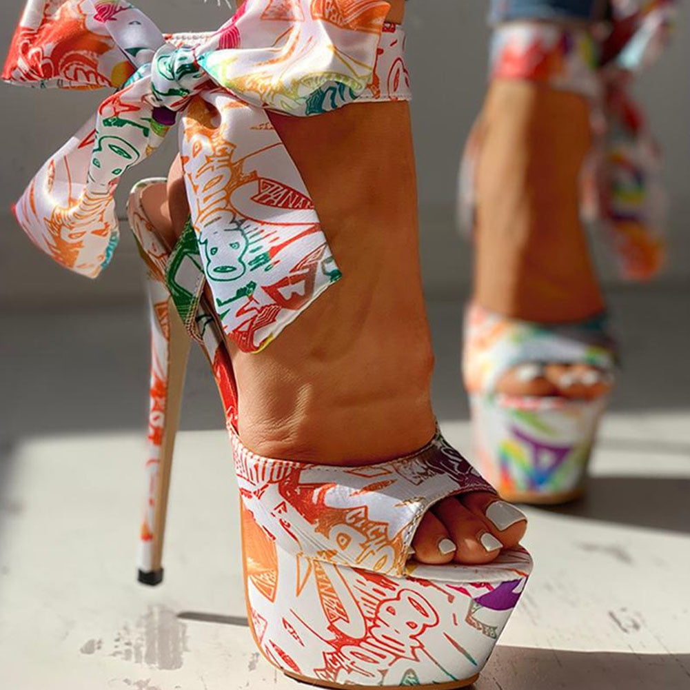 Tropical Print Big Bow Lace-Up Women's Platform Sandal Stiletto Pumps