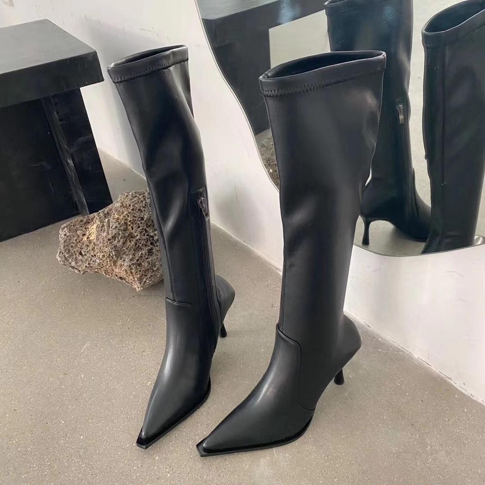 Chelsea PU Leather Pointed Toe Knee High Boots Pointed Toe Black/White Side Zipper Boots