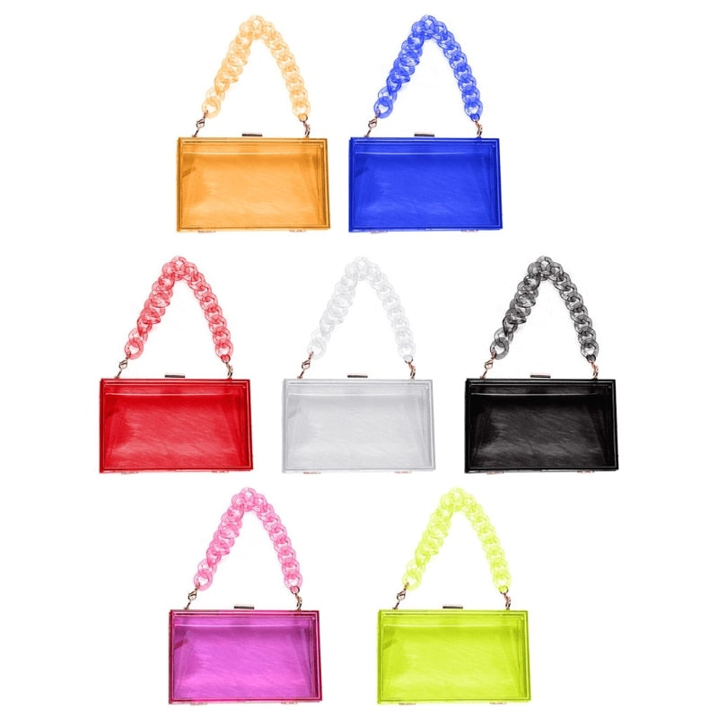 Clear Acrylic Box Clutch Transparent Shoulder Bag w/ Detachable Chain