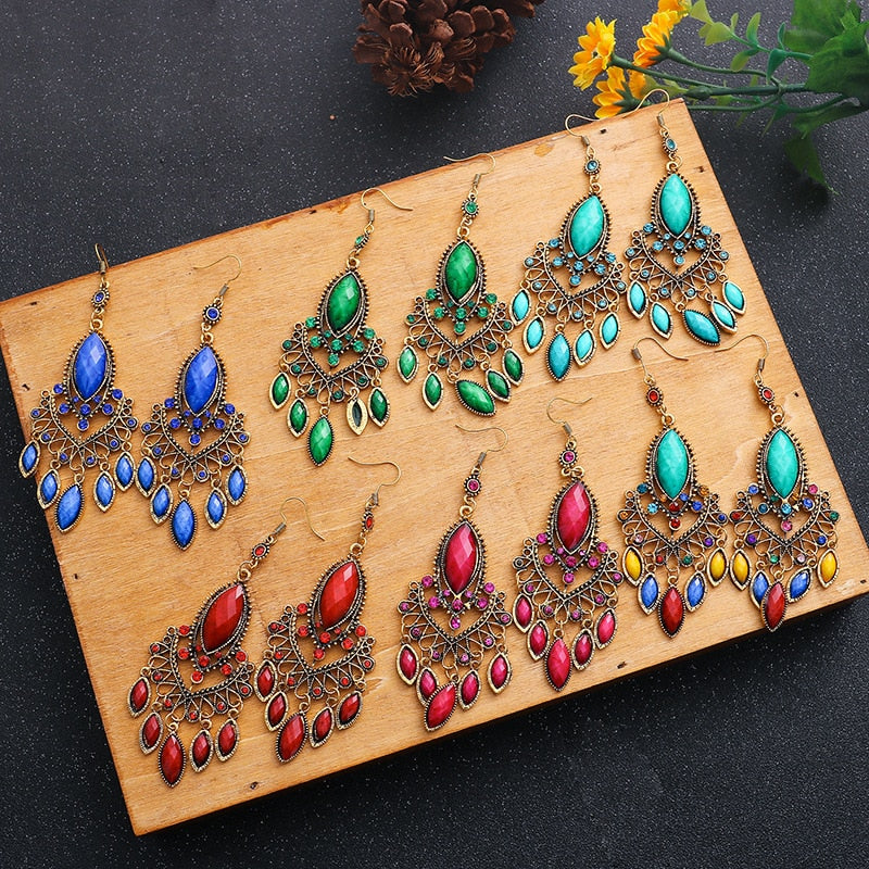 Alloy Hollow Rhinestone Tassel Wedding Earrings Danglers Boho Ethnic Geometric Earrings