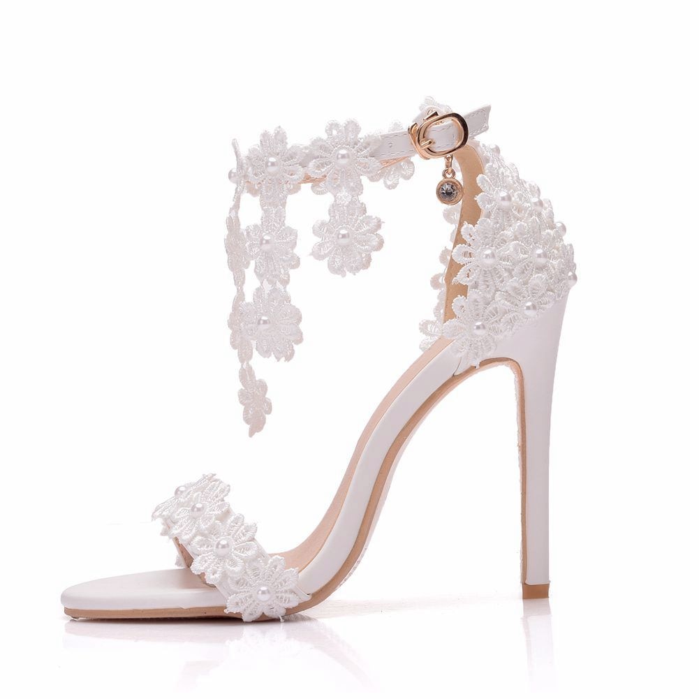 Lace Flower Pearl Tassel Stiletto Heel Bridal Sandal Pumps