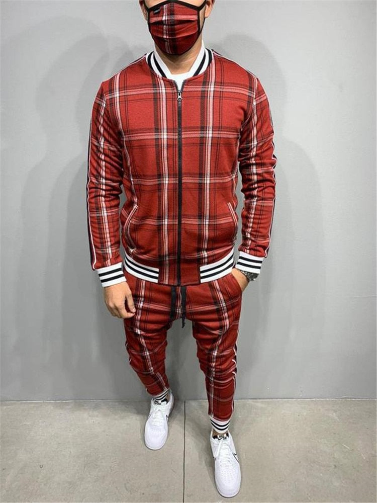 Men's Plaid Printed Faded O-Neck Zipper Jacket +Matching Sweatpants Tracksuit