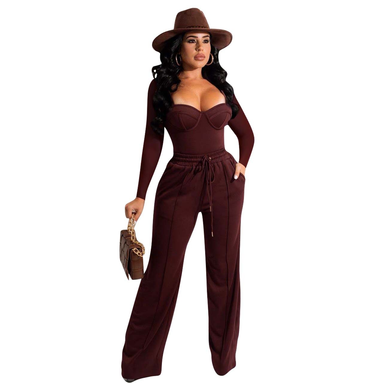 Long Sleeve V-Neck Top + Drawstring Pockets Wide Leg Pants 2-Piece Set