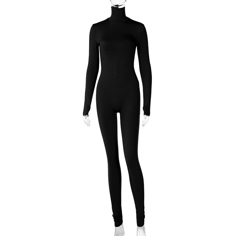 Fitness Ladies Solid Turtleneck Skinny Bodycon Jumpsuit