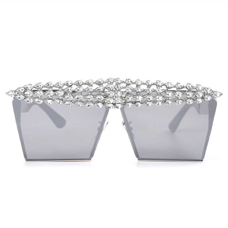 Mirror Reflective Square Diamond Net Flat Top Crystal Punk Sunglasses