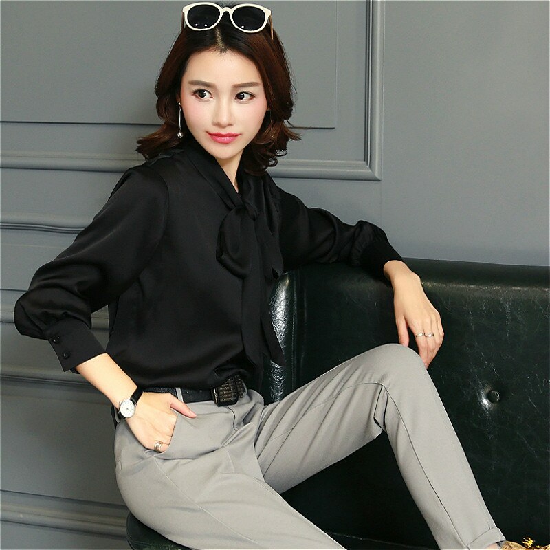 Chiffon Solid Bowtie Lantern Sleeve Plus Size Blouse to 3X