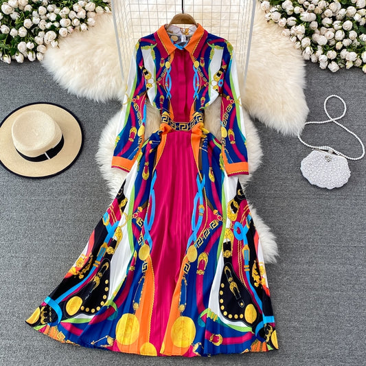 Roman Baroque Lapel Waist Big Swing Seaside Printed Pleated Dress