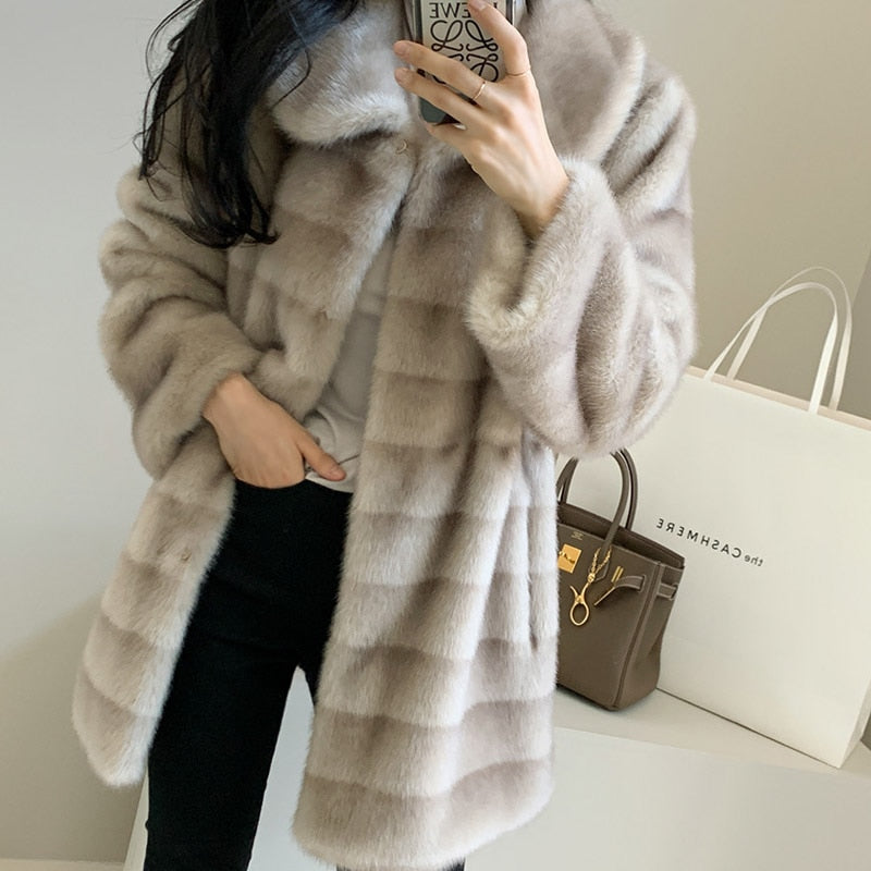 Faux Fur Mink Turn-Down Collar Plush Women's Jacket