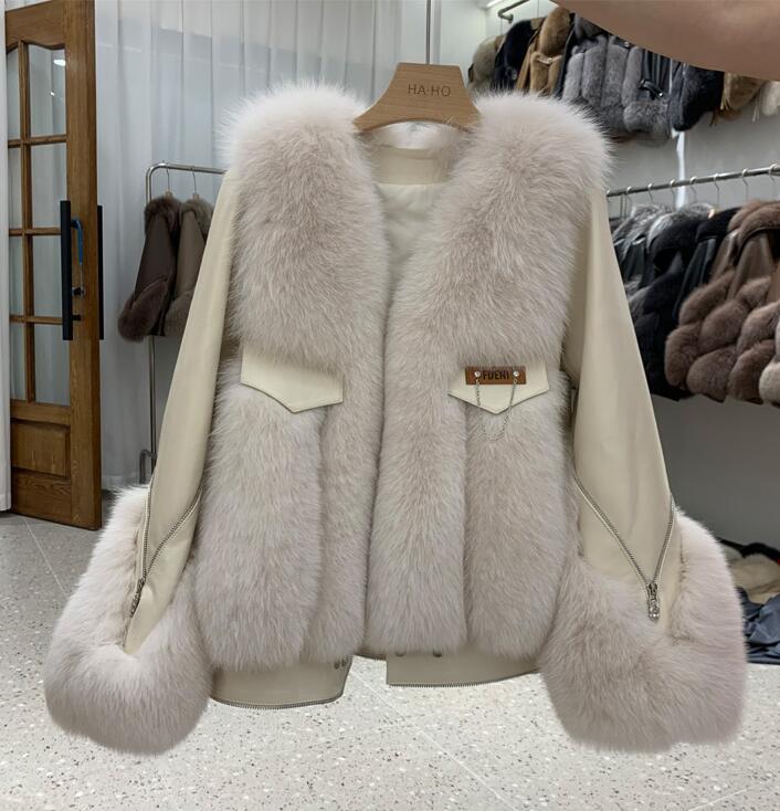 Sheepskin Fox Fur Trim Stitched Ladies Jacket