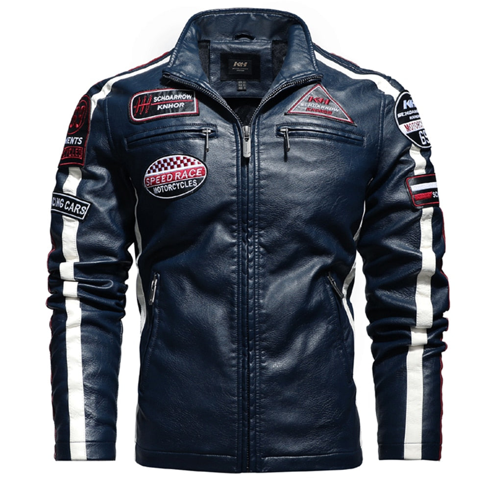 Side Striped Men's Logo Embroidery Leather Bomber Slim Fit Motorcycle Jacket