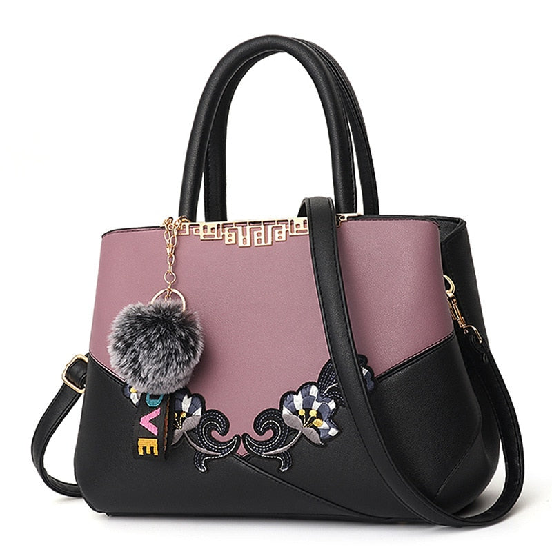 Colorblock Embroidered Messenger Leather Handbag