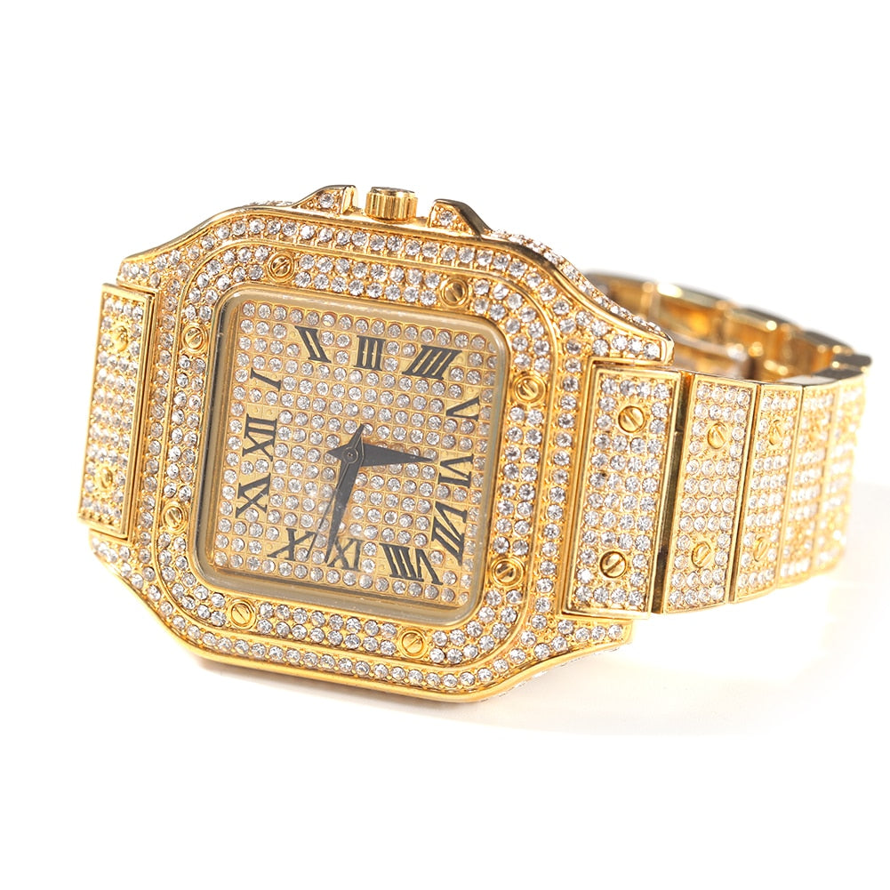 Hip Hop Full Iced Out Full Drill Square Stainless Steel Rhinestones Quartz Square Watch