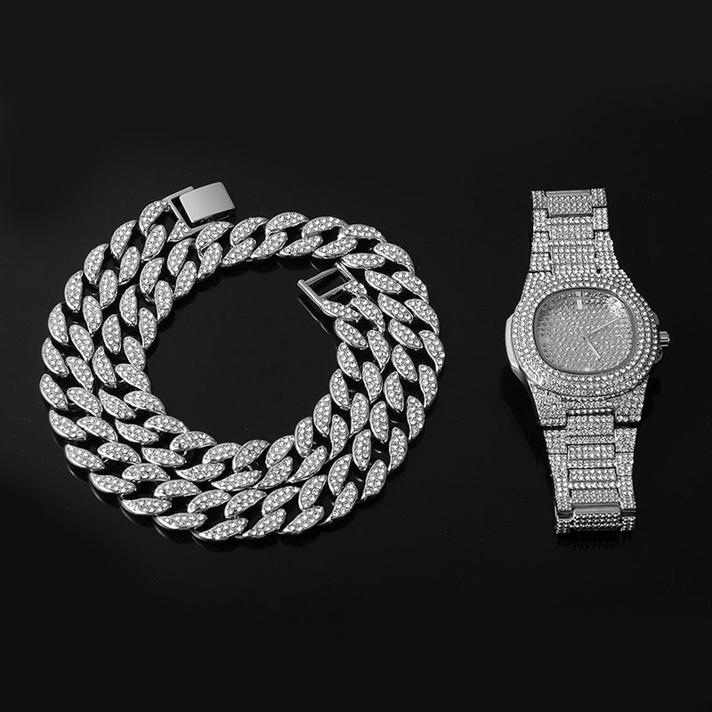 3-Piece Jewelry Hip Hop Gold Iced Out Paved Rhinestones CZ Bling  Sets: Cuban Chain, Watch & Bracelet