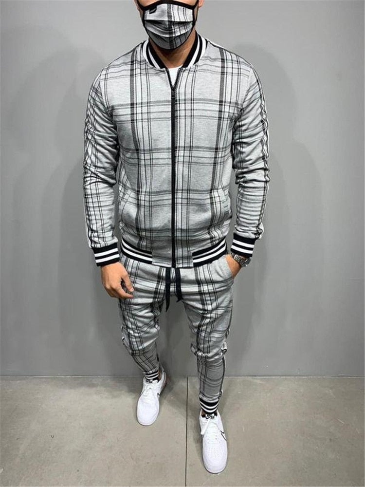 Men's Plaid Printed Faded O-Neck Zipper Jacket +Matching Sweatpants Tracksuit