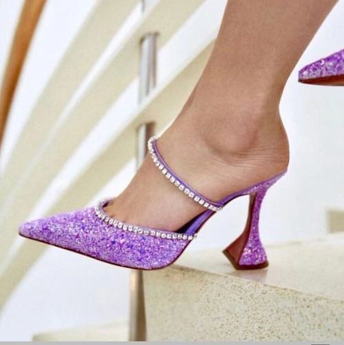 Crystal Sequin Spool Heel Pointed Toe Mule Pumps