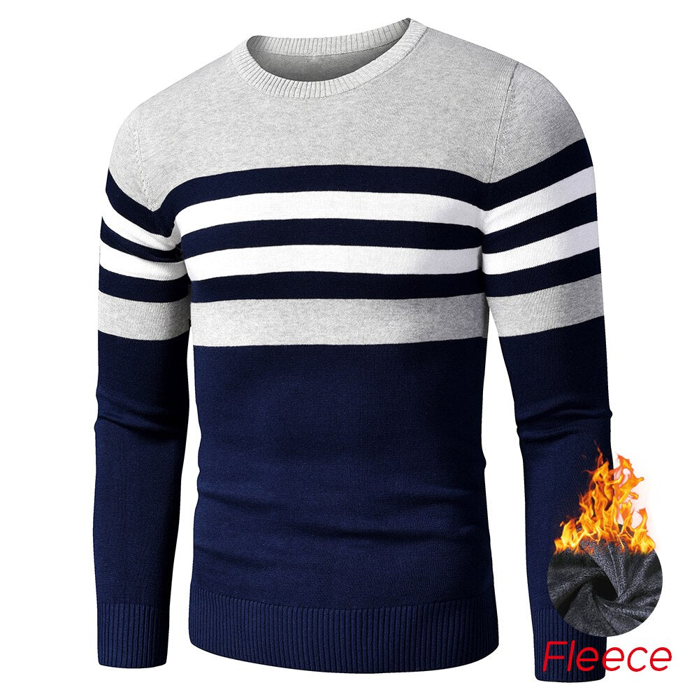 Men's Striped Fleece Cotton Pullover O-Neck Sweater