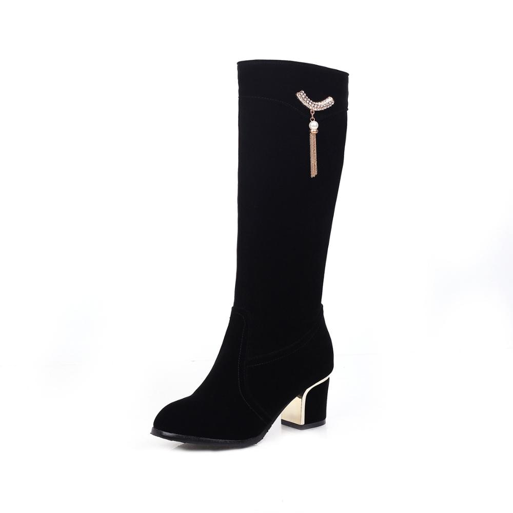 Round Toe PU Leather Knee High Boots w/ Square Heel