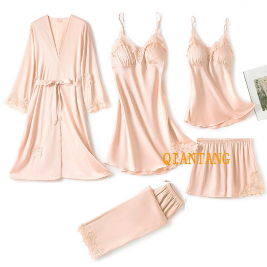 Satin 5-Piece Matching Women's Pajama Set: Robe, V-Neck Camisole, Pants Pants, Teddy Lingerie Top & Shorts