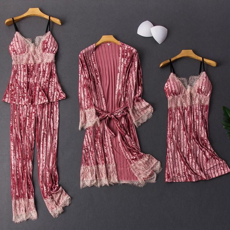 Velvet 4-Piece Ladies Sleepwear/Pajama Set (Robe, Pair of Pajamas & Camisole Lingerie Nightgown )