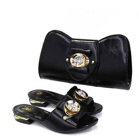 Solid Women's Italian Designer Leather Flat Buckle/Ruched Rhinestone Sandals & Matching Clutch Shoe & Purse Set