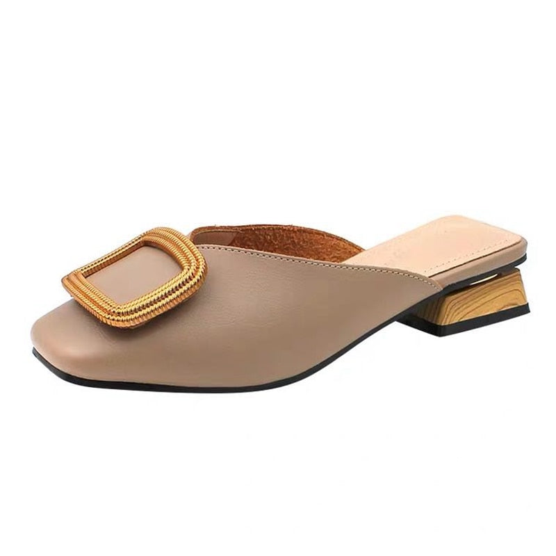 British Gold Round Buckle Wooden Block Heel Flats