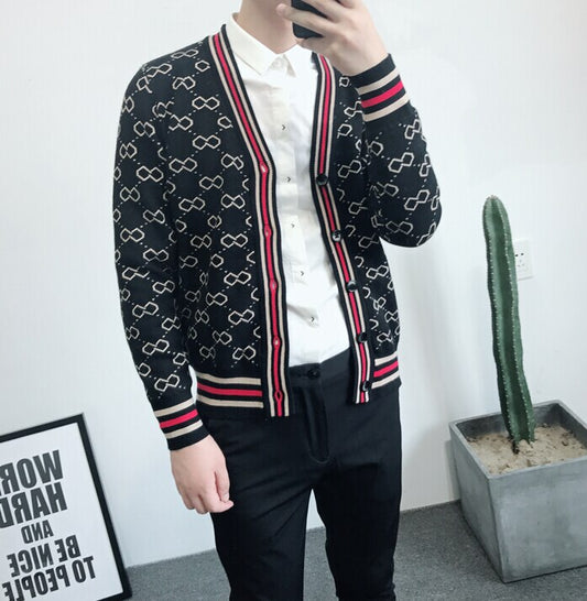 Men's Jacquard Monogram Print V-neck Knitted Cardigan Sweaters