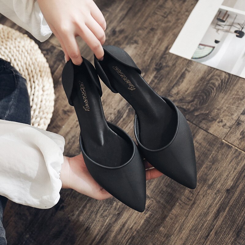 Ladies Pointed Toe Basic Solid Low Thick Heels Flats