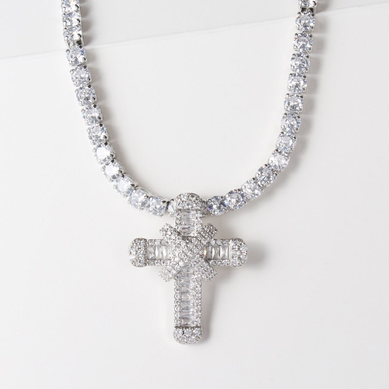 Unisex Cubic Zirconia Cross Tennis Pendant Necklace Chain