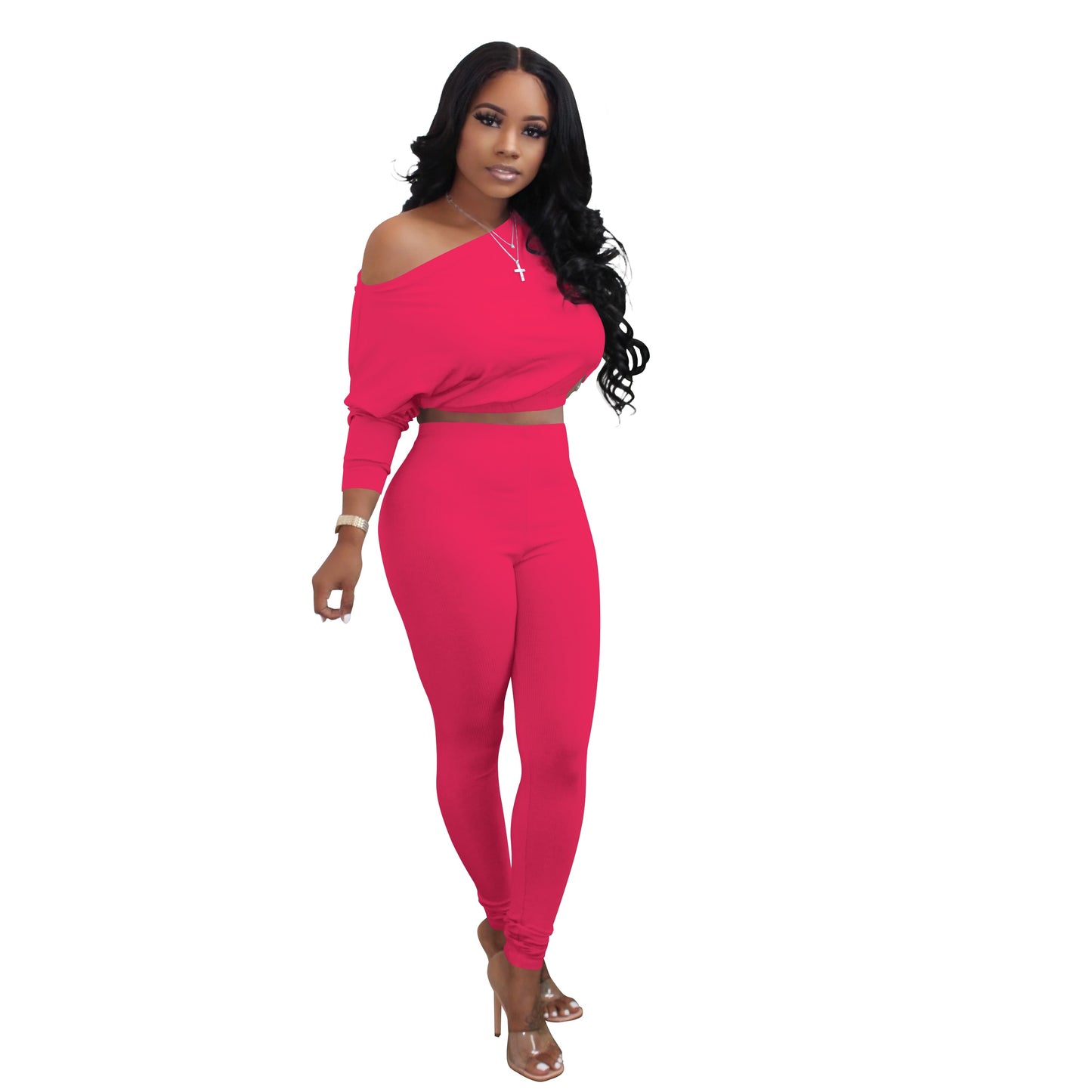 Knitted Off Shoulder Solid Long Sleeve Crop Top + Matching Sweatpants 2-Piece Set