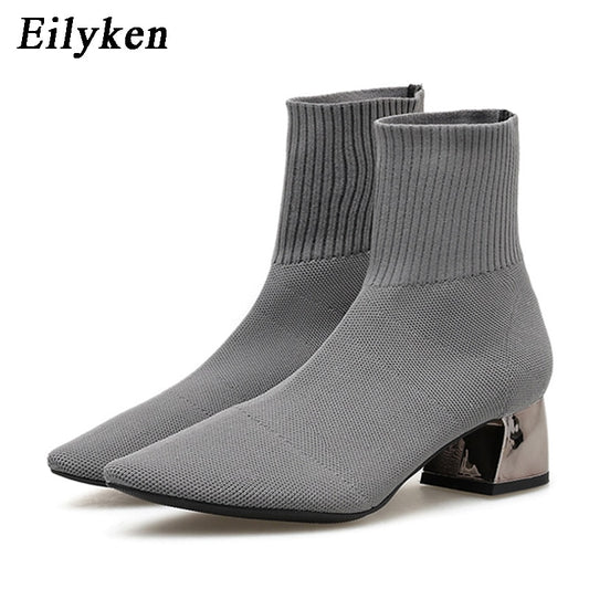 Knitted Stretch Low Heel Pointed Toe Ankle Boots4