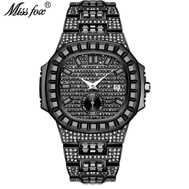 Men's 18K Gold Nano Vaccum Plated Fully Paved Baguette Diamond Waterproof Calendar Watches